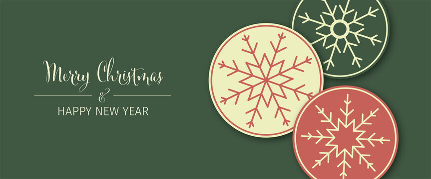 A set of three snowflakes on red, beige and green round background with the text Merry Christmas & Happy New Year. Web banner