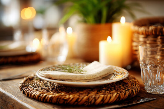 Rustic table setting with wicker placemat linen napkin herb sprig and candles in warm candlelight for cozy dinner