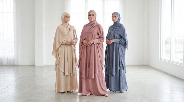 Three women wearing elegant modest fashion abayas in a bright minimalist studio setting.