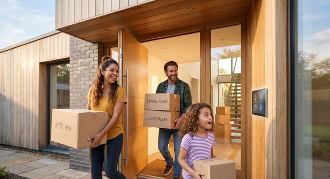 Happy family carrying labeled moving boxes into new modern home with smart home hub