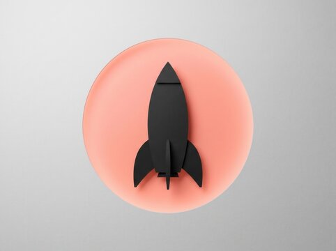 Minimalist black rocket ship silhouette on peach circular background