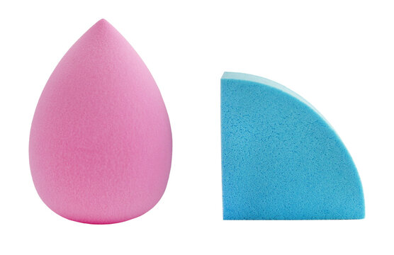 Set of pink teardrop and blue wedge-shaped cosmetic sponges isolated on transparent background.