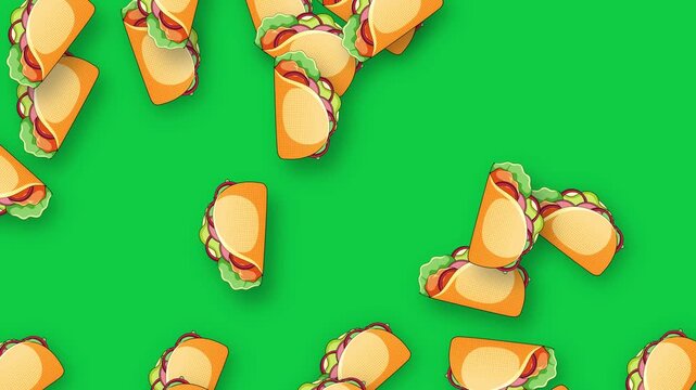 Animated Falling Tacos Pattern on Solid Green Background