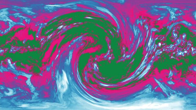 World map abstract projection displays swirling green pink clouds. Map abstract world projection features colorful atmospheric gas. Projection world map is clean.