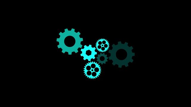 Teal gears machinery animation displays gray cogs on pitch black screen. Gears machinery hardware mechanism shows interconnected machine wheels. Machinery teal gears is sleek.