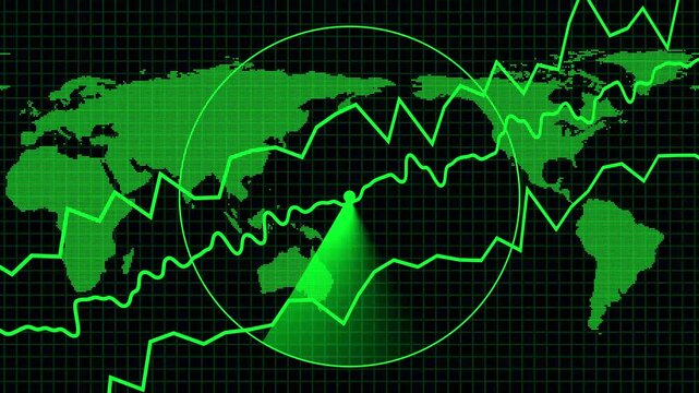 World map stock market animation displays green radar and graph lines. Map stock market finance layout tracks international corporate trends. Market world map is neat.