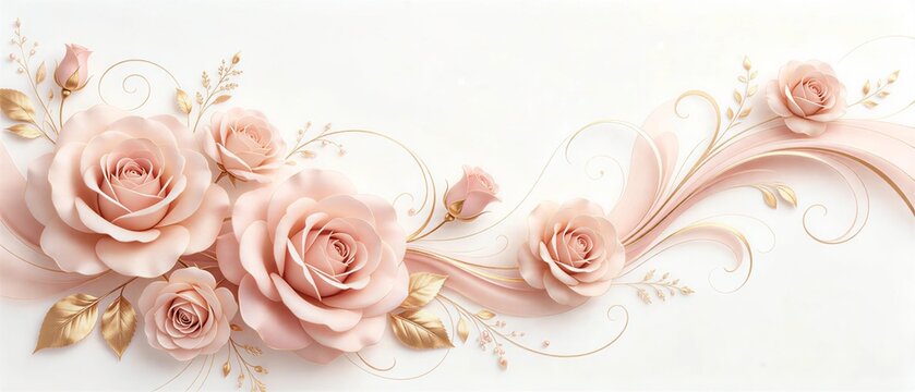 Elegant luxury floral wavy stream made of soft pink rose flowers with metallic golden leaves, sweeping lines of vines and swirling scrolls, clean white background, romantic graceful botanical backdrop