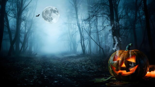 Spooky Halloween Night with Jack-o'-Lantern in Dark Forest Scene