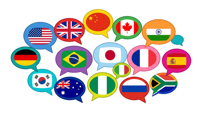 Global language flags in speech bubbles, international communication icons, colorful world flags for translation and education