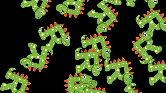 Cartoon Green Dinosaur Alphabet Letter R Falling on Black Background