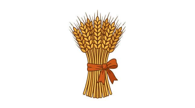 Golden wheat sheaf tied with red ribbon, ripe cereal grain bundle, organic harvest agriculture symbol on white background