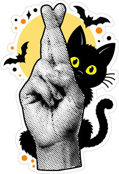 Retro Halftone Crossed Fingers Hand Sign PNG Illustration with Cute Black Cat, Full Moon and Bats on Transparent Background