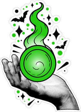 Retro Halftone Hand Holding Glowing Green Magic Fireball Orb PNG Illustration with Bats on Transparent Background