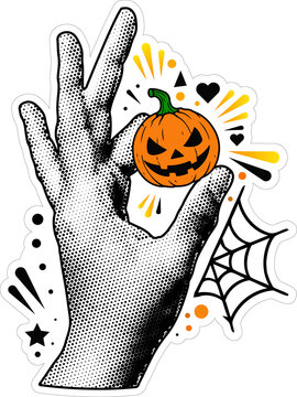 Retro Halftone Hand Holding Spooky Halloween Pumpkin PNG Illustration with Spider Web on Transparent Background