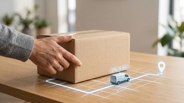 Person holding cardboard package beside digital holographic delivery van tracking route map interface with augmented reality tracking showing delivery vehicle
