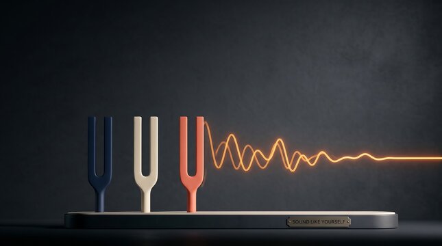 Three colorful tuning forks with glowing sound waves