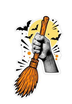 Retro Halftone Hand Holding Witch Broomstick PNG Illustration with Full Moon and Bats on Transparent Background