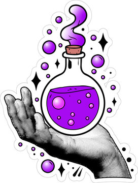 Retro Halftone Hand Holding Magic Potion Bottle PNG Illustration with Purple Smoke on Transparent Background