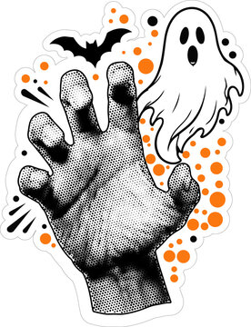 Retro Halftone Zombie Monster Hand Reaching Out PNG Illustration with Floating Ghost and Bat on Transparent Background