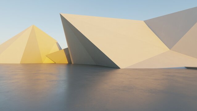 Abstract architecture background, Concrete faceted angular structure with warm golden light on reflective floor, Scene for car presentation, Modern Exterior, 3D rendering