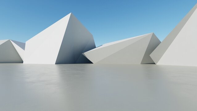 Abstract architecture background, Concrete faceted angular peaks structure on reflective floor, Scene for car presentation, Modern Exterior, 3D rendering