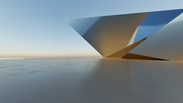 Abstract architecture background, Metallic faceted triangular structure with golden reflections at dusk, Scene for car presentation, Modern Exterior, 3D rendering