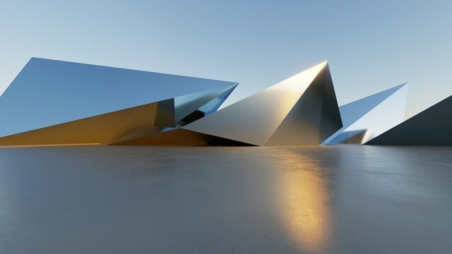 Abstract architecture background, Metallic faceted angular peaks with golden reflections on reflective floor, Scene for car presentation, Modern Exterior, 3D rendering