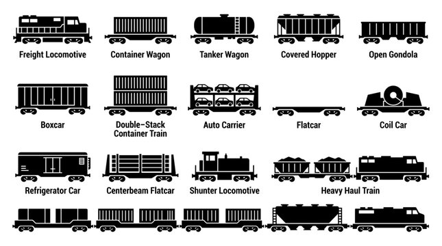 Set of various train cars and locomotives icons