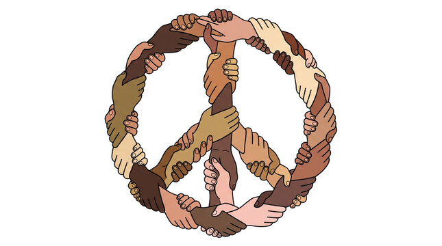 Peace symbol made of diverse hands, multicultural human unity concept, global cooperation and racial harmony illustration