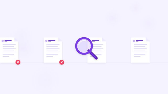 Magnifying glass scanning document list with correct and incorrect check marks