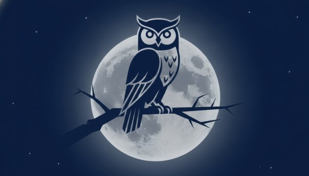 Wise owl sitting on a tree branch at night with a large glowing full moon in the dark blue sky background