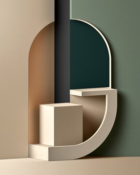 Minimalist 3d geometric display with arched cutout, beige cube, and soft shadows on green surface