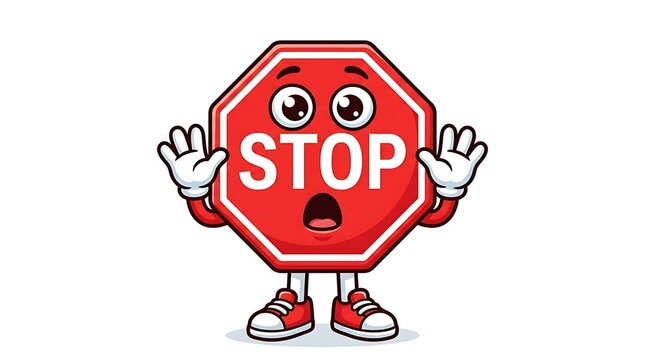 Funny stop sign character with a surprised face expression standing and waving hands in a colorful cartoon style