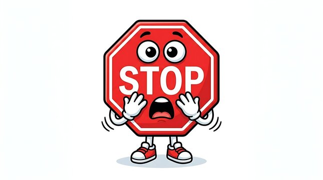 Cute cartoon stop sign character with a funny shocked expression and wide eyes standing in a panicked pose