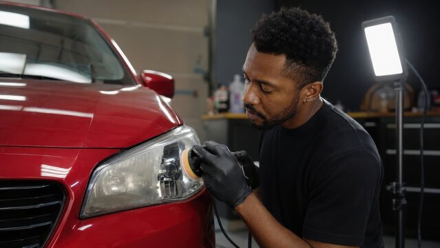 Male technician using polishing tool on car headlight in automotive workshop, with bright lighting and various detailing products visible in the background
