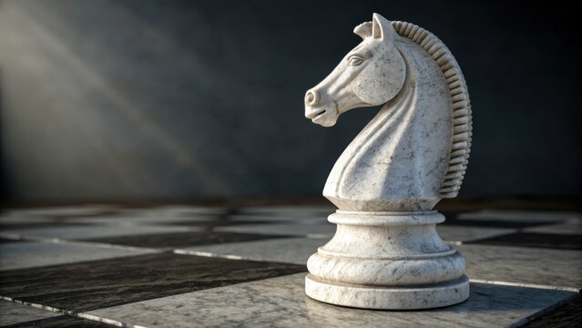 White Stone Chess Knight Sculpture on Board