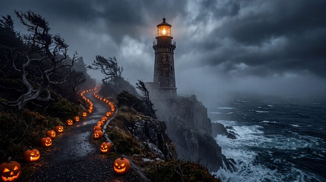 Spooky halloween lighthouse scene with glowing jackolanterns lining a winding coastal path under a dramatic stormy sky