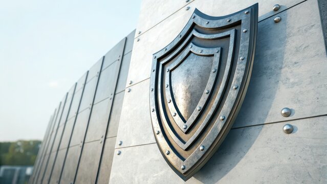 Layered Metallic Shield Mounted on a Textured Metal Wall
