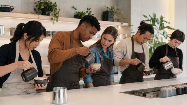 Group of diverse baristas practicing latte art techniques at a modern coffee shop with a clean, minimalist design and plants in the background