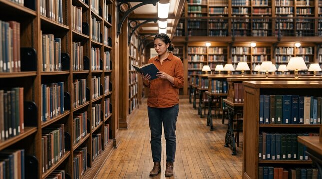 Young Asian woman reading book standing in historic university library.