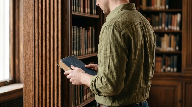 Adult man holding vintage book while browsing bookshelves in classic library.