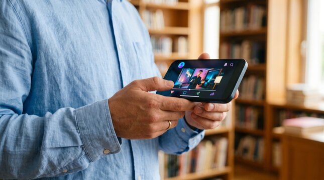 Man watching online video content on smartphone in library.