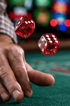 Hand throwing red casino dice in the air over a green gaming table