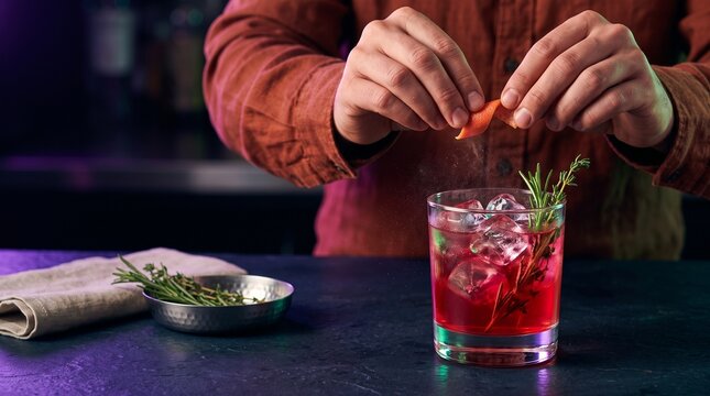 Hands finish a jewel toned citrus and herb refresher