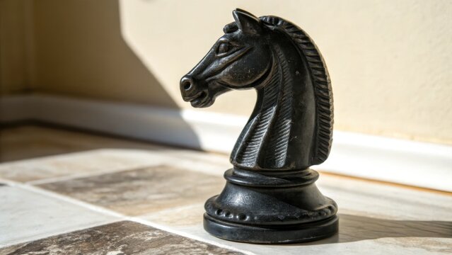 Matte Black Ceramic Chess Knight on Tabletop