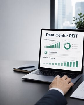 Investor analyzing Data Center REIT investment metrics and growth chart on laptop screen at office desk