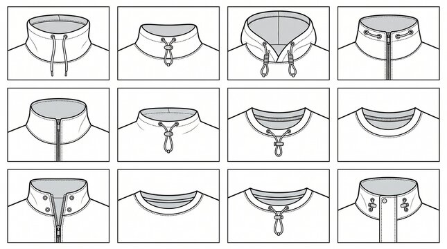 Set of Sweatshirt Neckline Technical Sketches with Collars, Hoods and Zippers