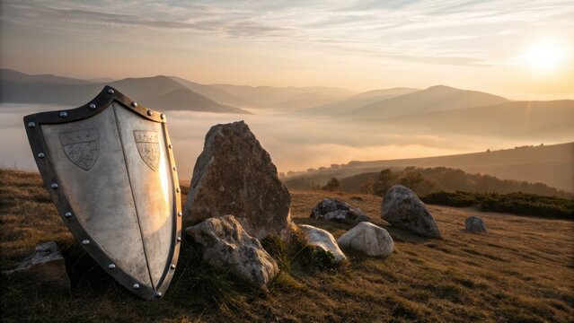 Medieval Shield Positioned Beside Ancient Stones at Sunrise