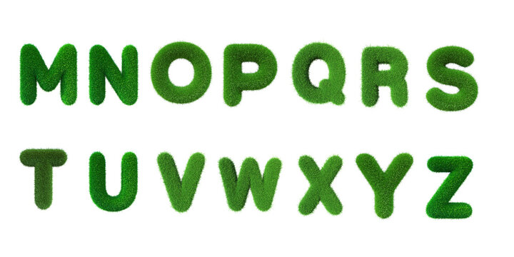 Three dimensional green grass font alphabet letters M to Z isolated on transparent  background