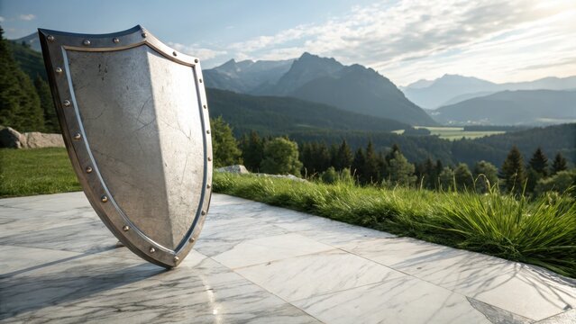 Metal Shield Standing Proudly in Mountain Landscape